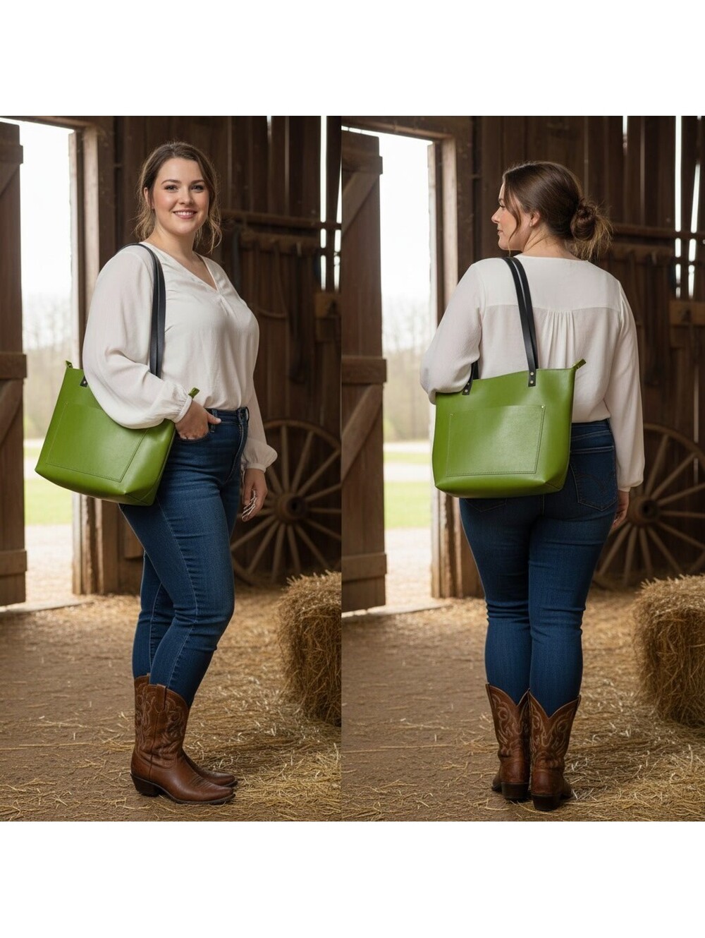 1894 - Portland Leather - Green Leather Tote Bag with Black Handles - NEW
